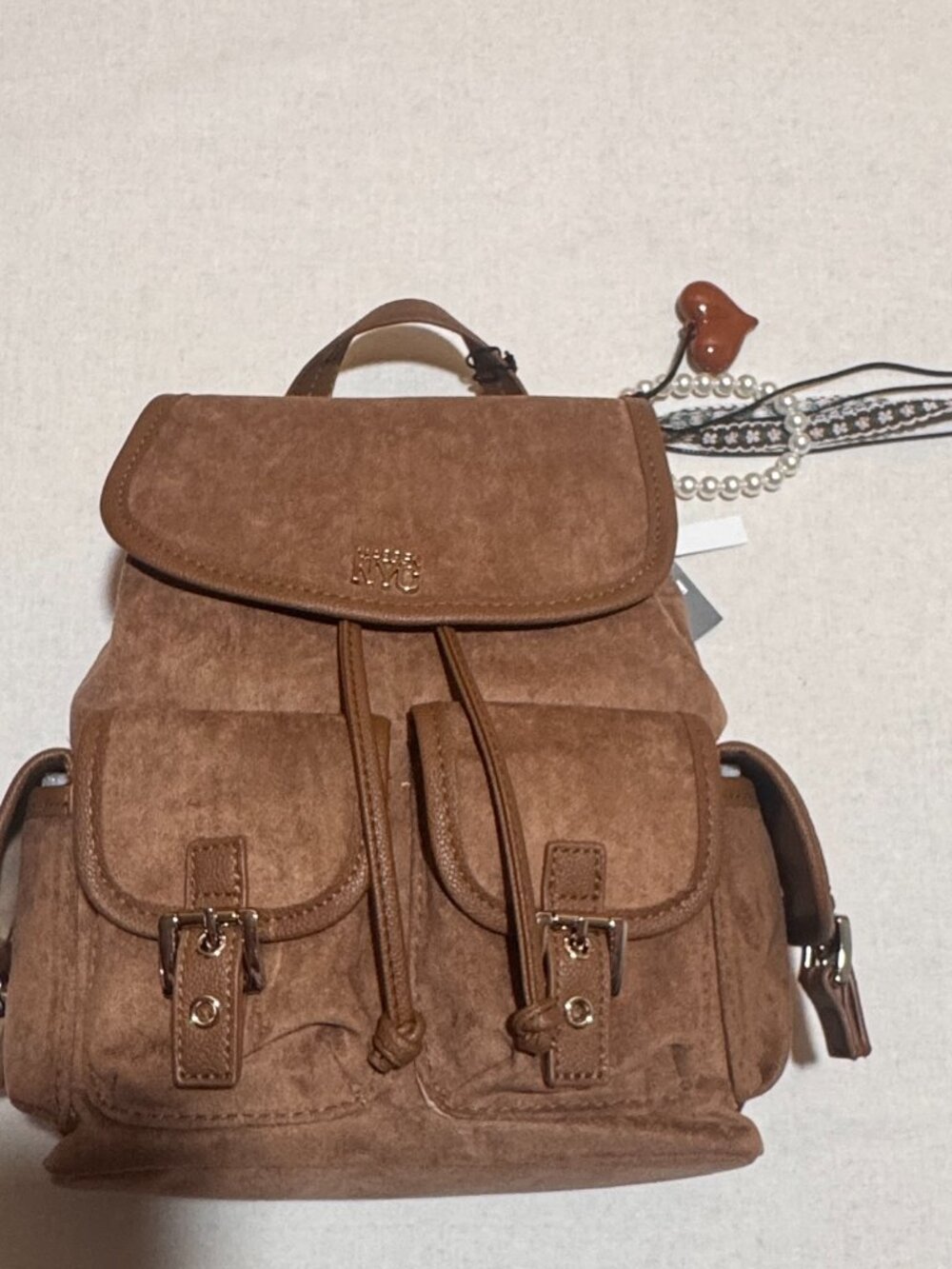 NWT Madden NYC Brown Faux Suede Utility Mini Backpack Travel Bag Charm New